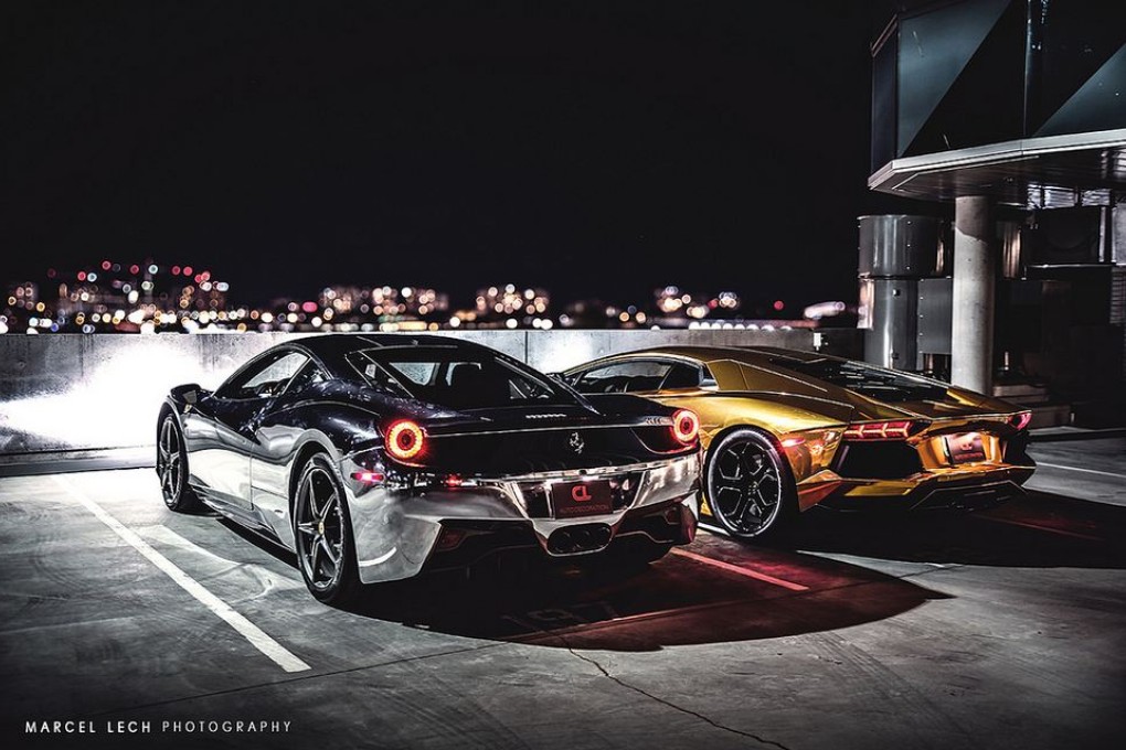 Mirror chrome Ferrari 458 and gold chrome Lamborghini Aventador, by C & L Auto Decoration. Photo: Marcel Lech