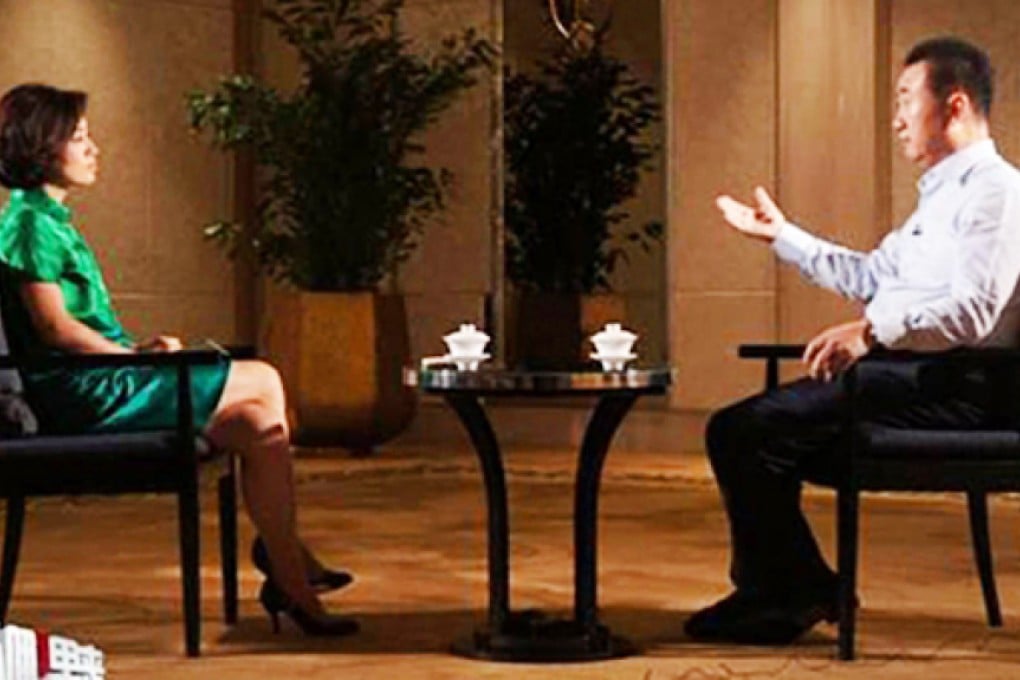 Wang Jianlin appears on state television defending his son Wang Sicong who "has not learnt Chinese subtlety". Photo: SCMP