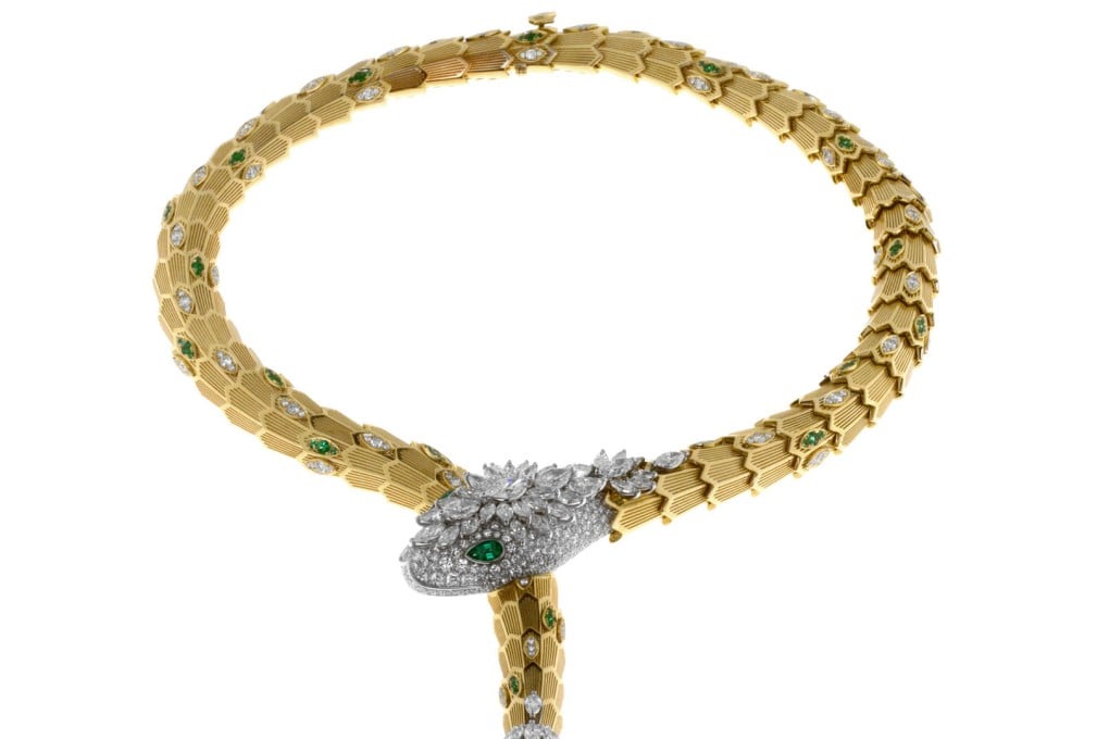Bulgari's Serpenti necklace in white and yellow gold.