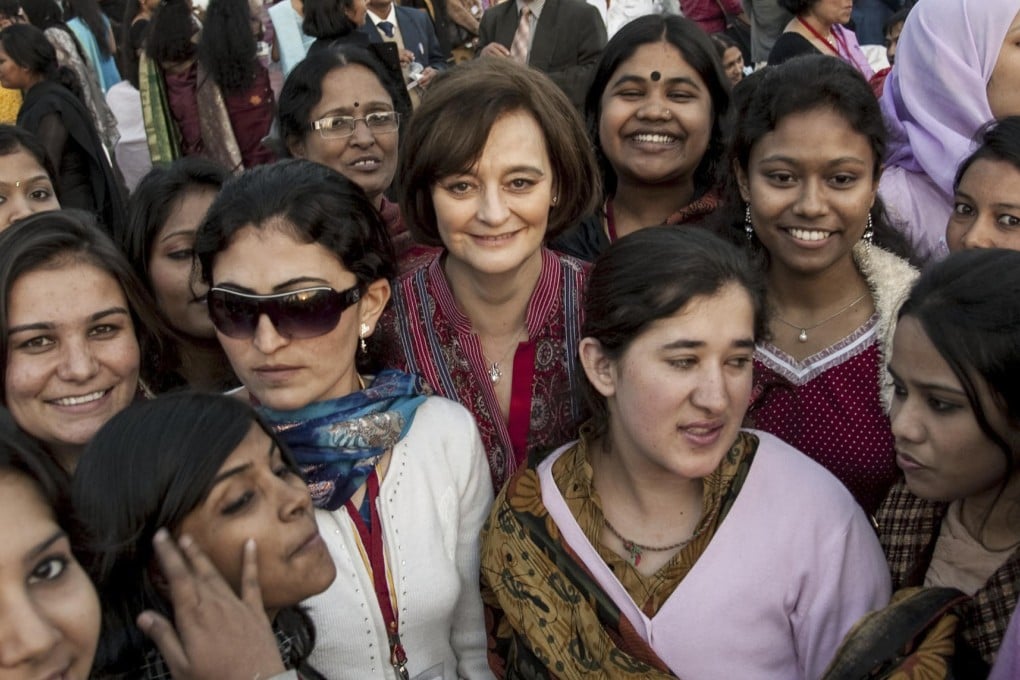 Cherie Blair (centre), chancellor of the Asian University for Women, with students at the university's premises in Bangladesh.