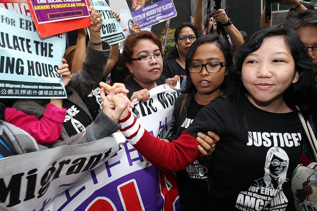 Erwiana meets her supporters outside Wan Chai District Court following the sentencing of her former employer Law Wan-tung. Photo: Dickson Lee