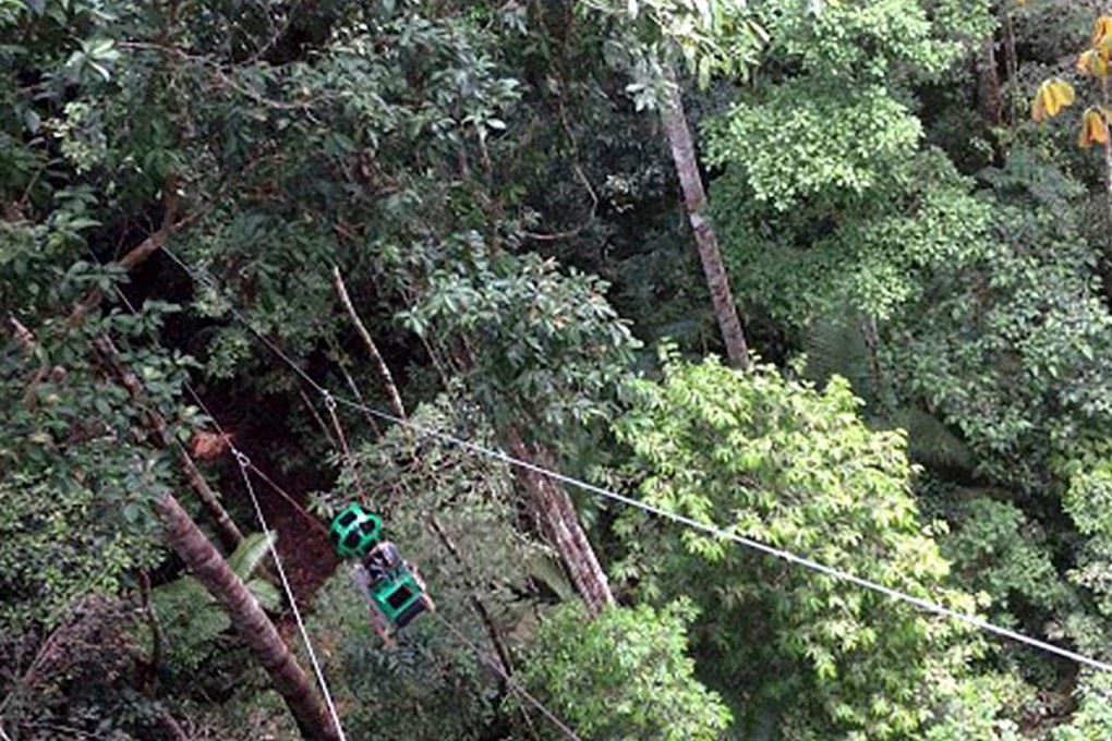 Trekker device moves on a zip line above the jungle.Photo: AP