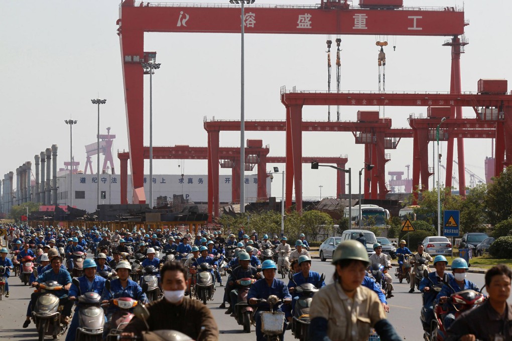 Workers at a shipyard of Rongsheng, once the largest private shipbuilder in China. Photo: Imaginechina