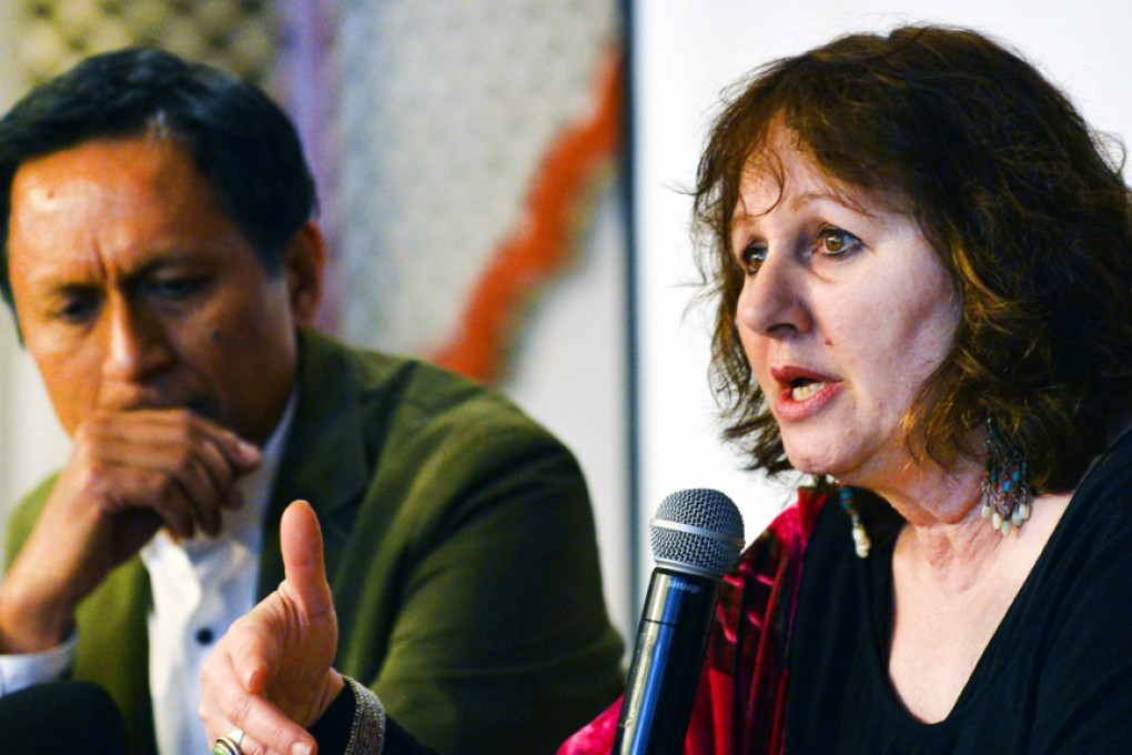 British filmmaker Leslee Udwin speaks at a press conference alongside her co-producer, Indian TV journalist Dibang in New Delhi. Photo: AFP