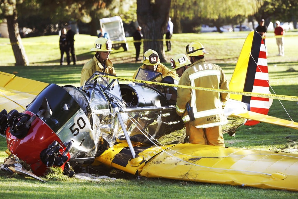 Harrison Ford's battered plane sits after crash landing at Penmar Golf Course in Venice, Los Angeles. Photo: AP