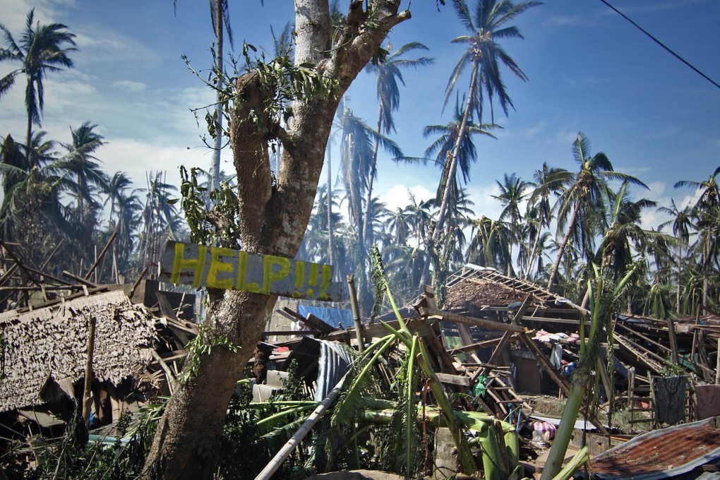 A sign calling for help was seen among the destruction wrought by a typhoon last December in central Philippines. Photo: AFP