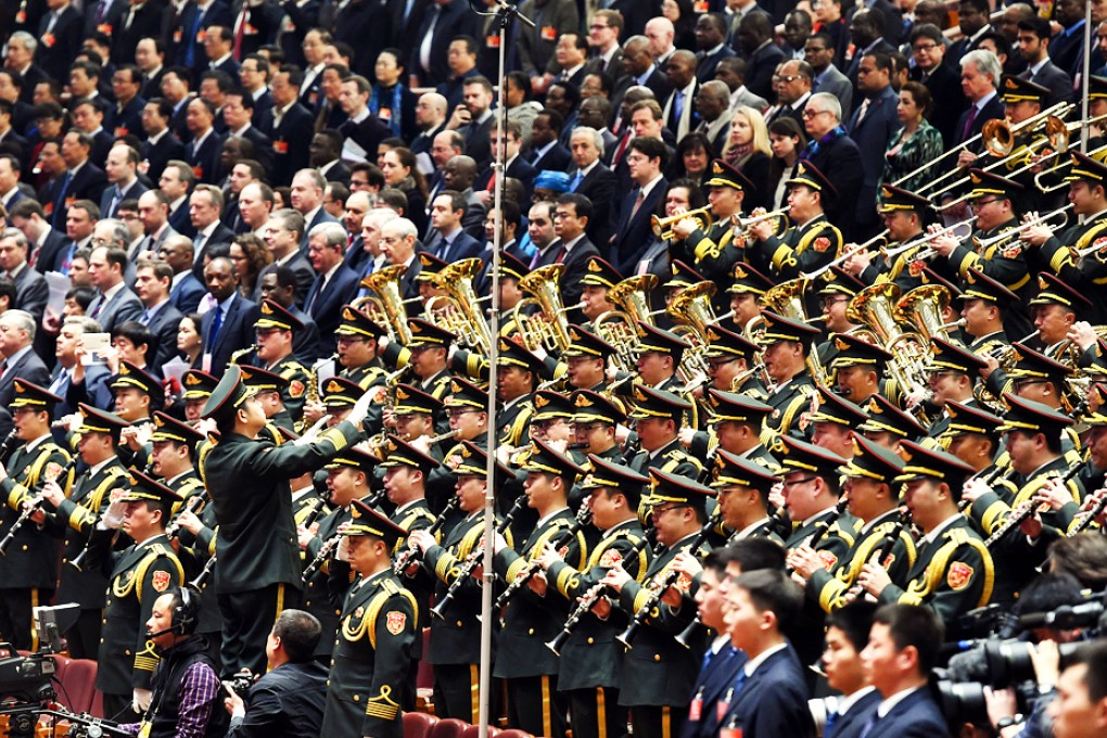 A military band performing the national anthem during a session of the National People's Congress this month at the Great Hall of the People in Beijing. Photo: Xinhua