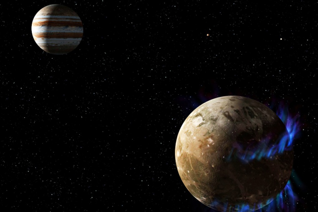 An artist's impression released by Nasa and the European Space Agency shows Ganymede in orbit around Jupiter. Graphic: AFP
