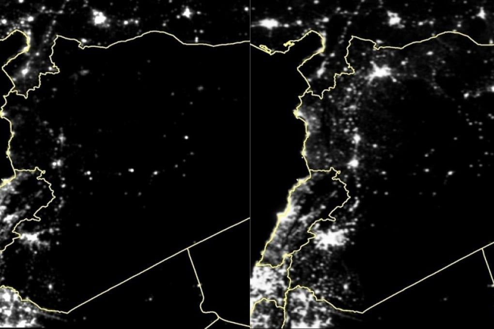 Satellite images show Syria at night in 2011, left, and in 2015, right, following four years of civil war. Photo: SCMP
