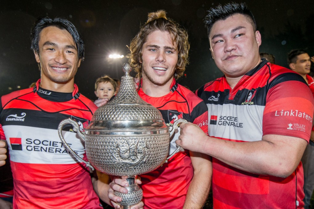 Prop Alex Ng Wai-shing (on the right) started playing rugby with Valley’s all-local Mai Jais in National League 4, before working his way up the divisions to the Grand Championship-winning first team. Photos: HKRFU