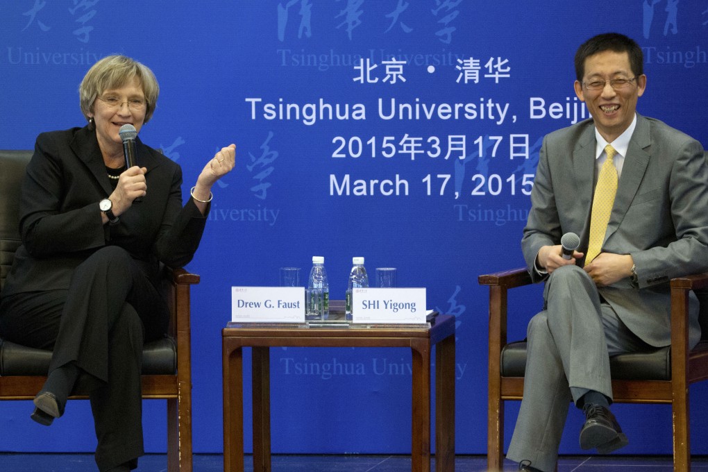Harvard University President Drew Gilpin Faust, left, and moderator Shi Yigong at Tsinghua University in Beijing. Photo: AP