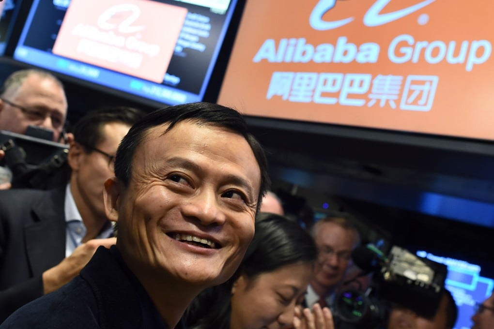 Alibaba founder Jack Ma on the floor of the New York Stock Exchange on IPO debut day. Photo: AFP