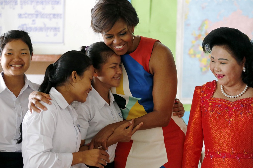 US first lady Michelle Obama urges Cambodian students to stay in school and take advantage of their education.