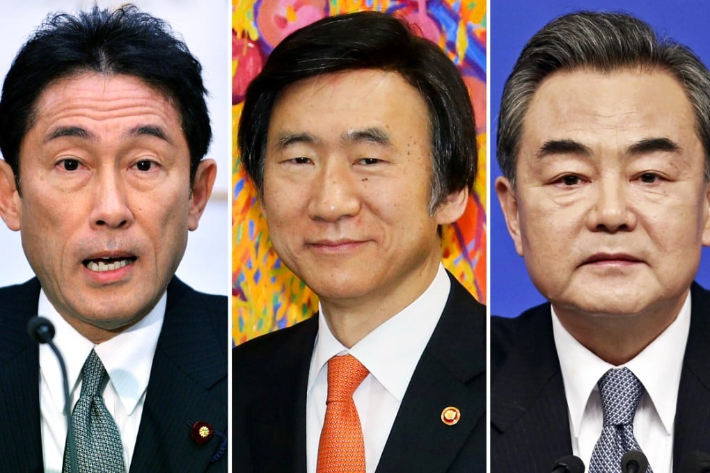 From left: Japan Foreign Minister Fumio Kishida, South Korea's Yun Byung-se and China's Wang Yi. Photos: AFP, EPA, Reuters