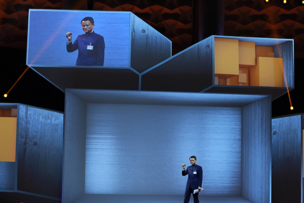Jack Ma tries 'channelling Steve Jobs' during the opening ceremony of CeBIT 2015 in Hanover, Germany, on March 15, 2015. Photo: Xinhua