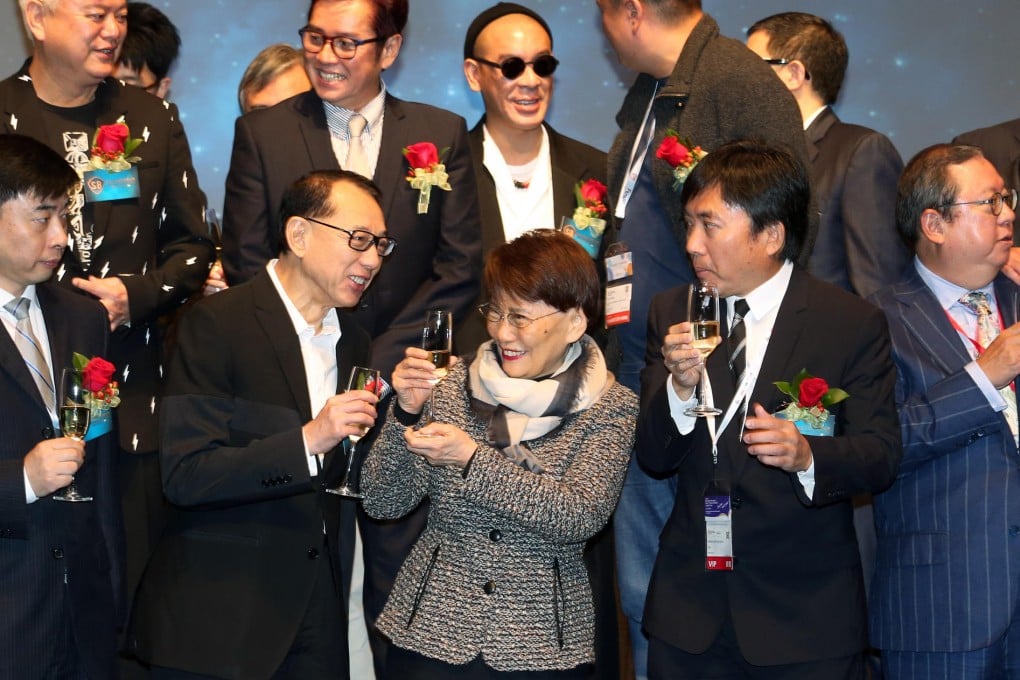 Albert Yeung (left) of TVB's film partner Emperor Group, Mona Fong and TVB's Charles Chan celebrate the venture.Photo: David Wong