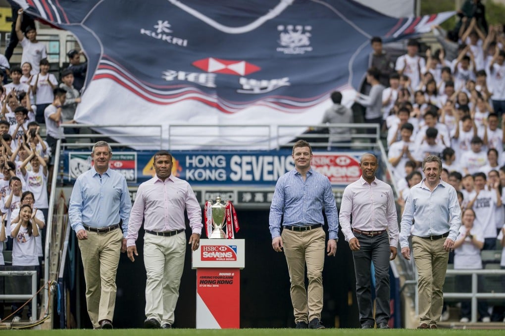 "Visiting these great stadiums always reminds me of my own playing days," says Brian O’Driscoll (third right) as he is joined by fellow HSBC ambassadors Gavin Hastings, Waisale Serevi, George Gregan and Jonathan Davies at the Hong Kong Stadium ahead of this weekend’s Cathay Pacific/HSBC Hong Kong Sevens. Photo: SCMP Picture