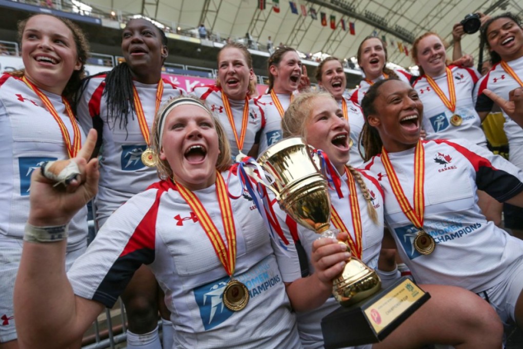 Canada’s player celebrate winning the 2015 Cathay Pacific/HSBC Hong Kong Women’s Rugby Sevens with a convincing 24-12 Cup final victory over Japan. Photo: Felix Wong/SCMP