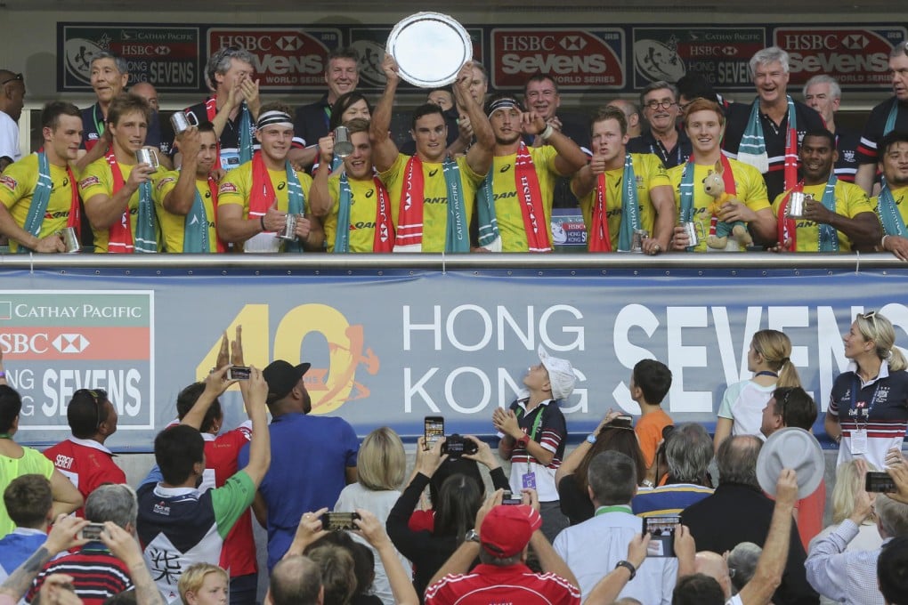 Australia savour their moment of glory after beating USA in the Plate final at the Hong Kong Sevens. Photos: Sam Tsang/SCMP