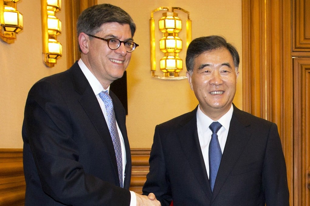 US Treasury Secretary Jack Lew (L) shakes hands with Chinese Vice Premier Wang Yang before their meeting in Beijing on Monday. Photo: Reuters