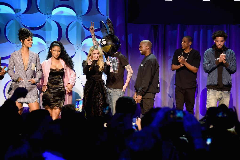 Rihanna, Nicki Minaj, Madonna, Deadmau5, Kanye West, Jay Z and J Cole appear onstage in New York at the launch of Tidal, a music streaming service developed by Jay Z. Photo: Getty Images