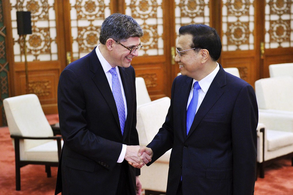 Premier Li Keqiang, right, greets US Treasury Secretary Jack Lew before their meeting in Beijing. Photo: Reuters