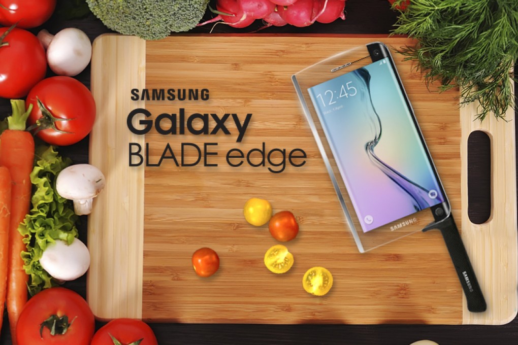 Samsung unveiled the Galaxy BLADE for April 1, with an ''edge so sharp and strong that the device can also serve as a chef’s knife''. Photo: SCMP Pictures