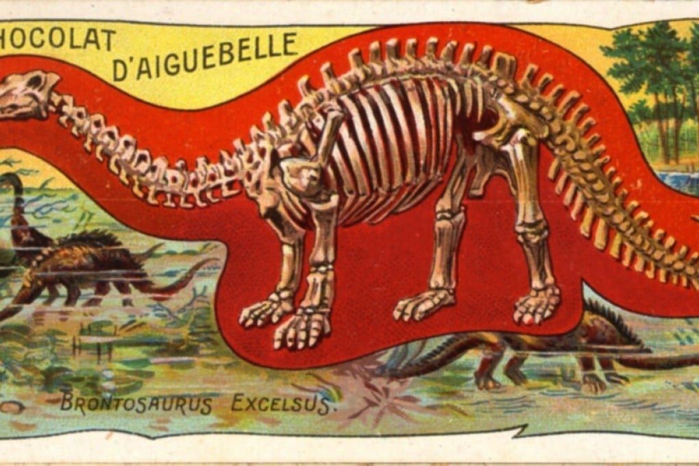 A vintage 1905 trading card by the Chocolat D'Aiguebelle company shows a Bronotosaurus skeleton. Photo: Washington Post