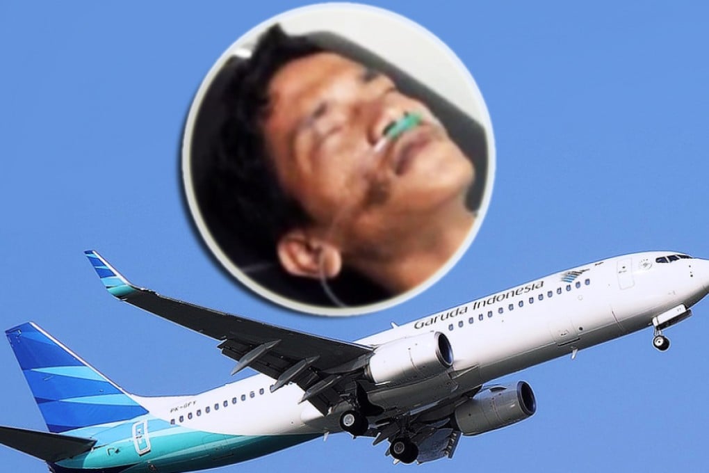 Mario Stevan Ambarita (injured and stayed in the hospital, inset) was able to sneak into the wheel storage compartment of Garuda Indonesia's Jakarta-bound Flight 177 just before it took off from Riau to Jakarta. Photo: Facebook