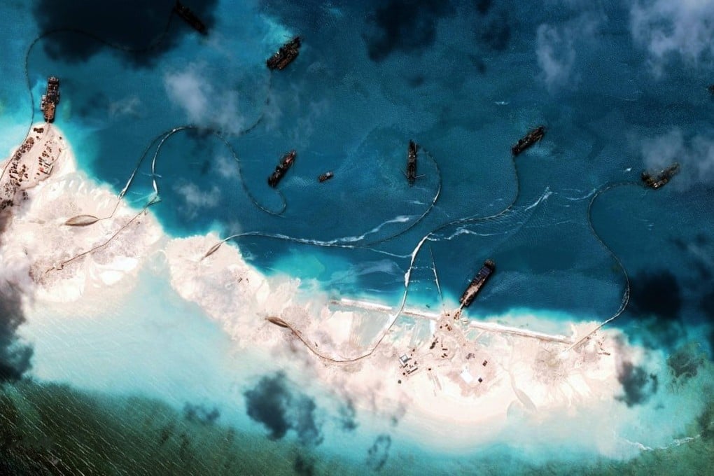 Image of what are said to be small artificial land formations, structures and construction equipment along Mischief Reef. Photo: SCMP Pictures