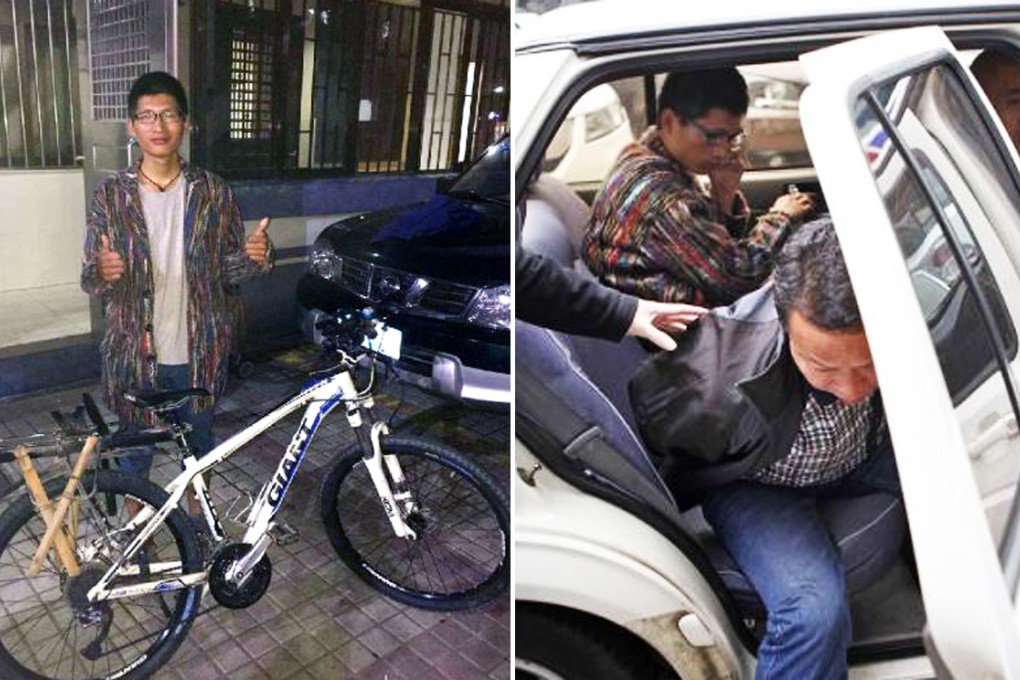 Wang Pingan (left) celebrates the return of his bike after the detention of the suspected thief (right). Photos: Southern Metropolis News