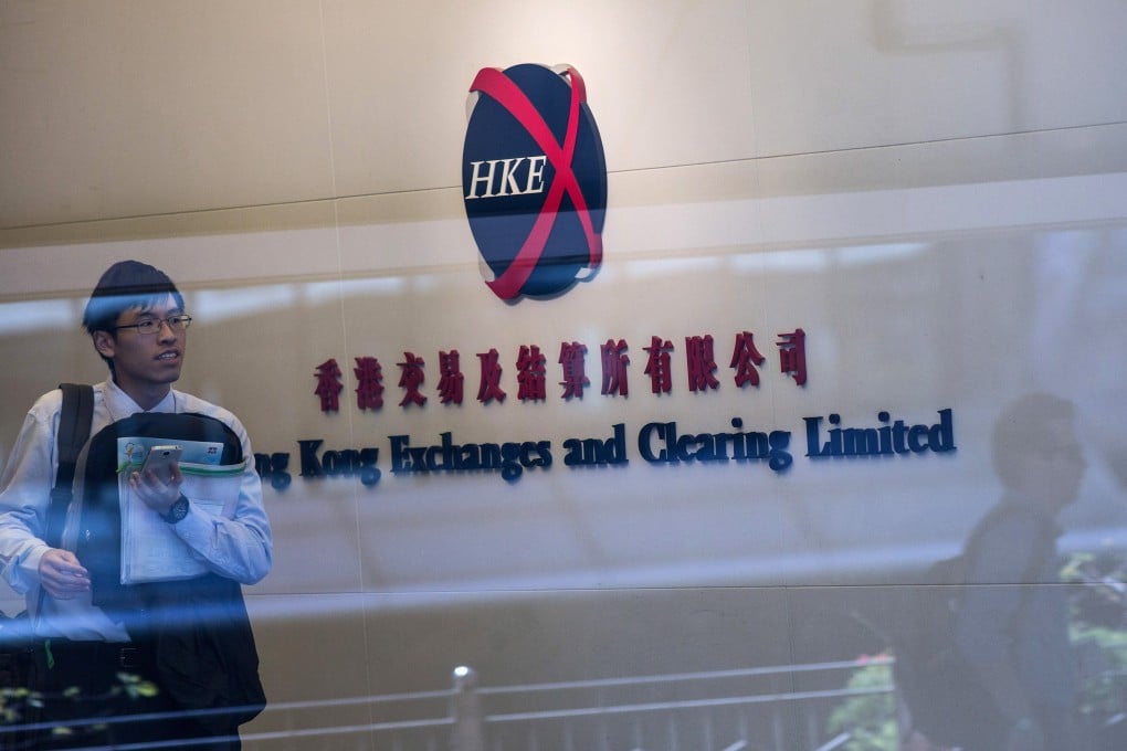 The Hong Kong Exchanges and Clearing logo where shares in the market have hit 7-year highs. Photo: Bloomberg