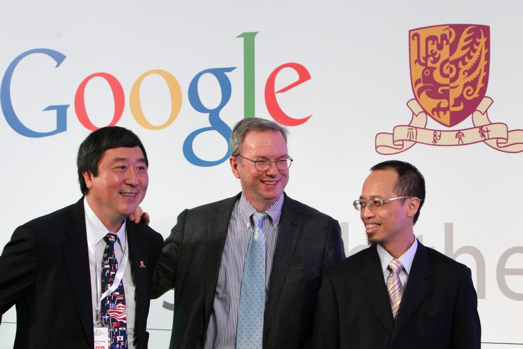 Joseph Sung Jao-yiu, vice chancellor of CUHK; Eric Schmidt, executive chairman of Google and Kevin Au, Director of Center for Entrepreneurship of CUHK