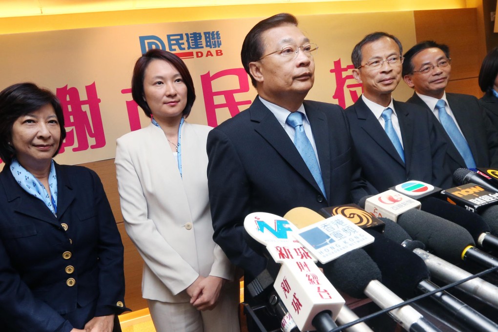 Starry Lee at Tam Yiu-chung's shoulder after the party emerged the biggest winner in the 2012 Legco elections. Photo: David Wong