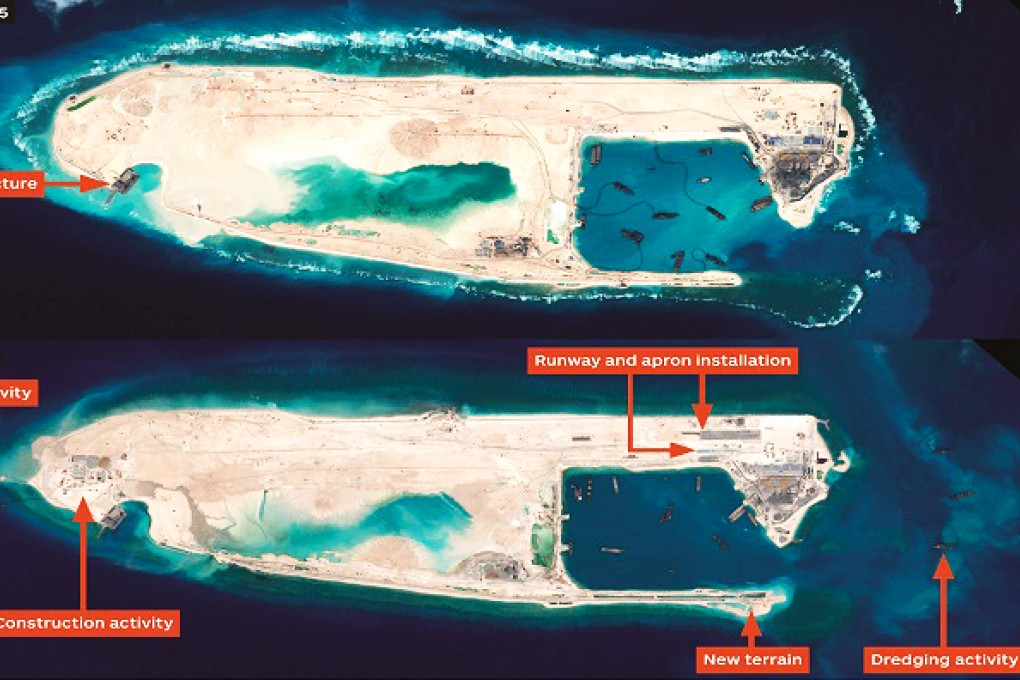 (Click here to zoom in) Two satellite image, from February 6 and March 23, showing China's rapid progress in building an airstrip on the disputed Spratly Islands. Photo: CNES 2015, Distributed by IHS Jane's Defence Weekly