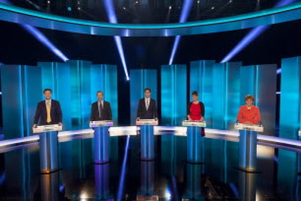 From left: Green Party leader Natalie Bennett, Liberal Demorcrat leader Nick Clegg, Ukip's Nigel Farage, Labour's Ed Miliband, Plaid Cymru leader Leanne Wood, Scottish National Party's Nicola Sturgeon and Conservative leader David Cameron. Photo: EPA