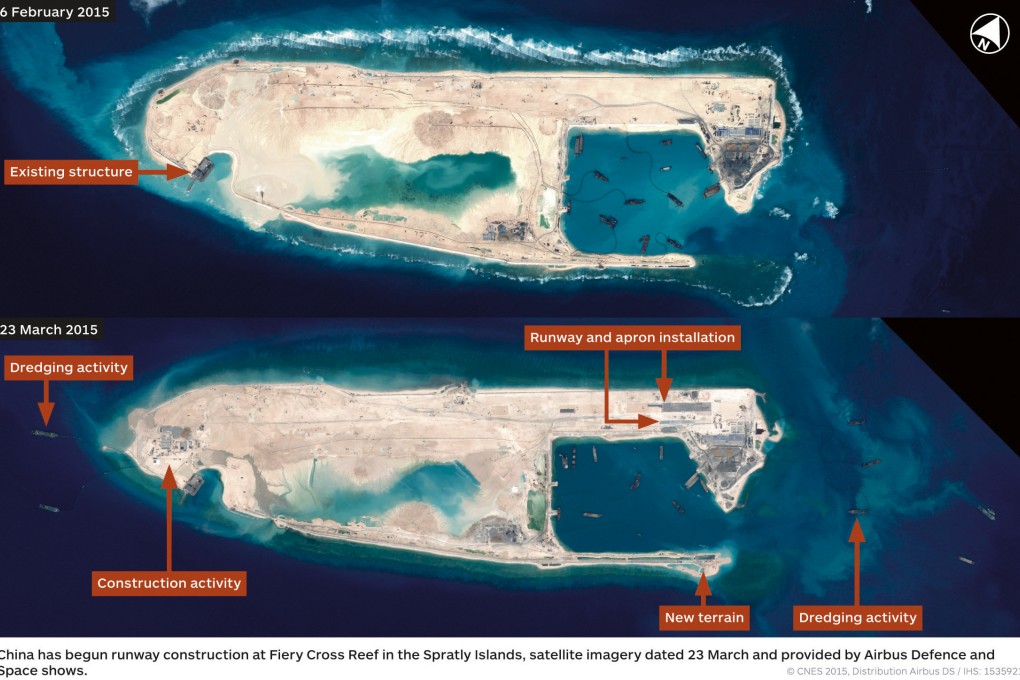 Satellite images published by IHS Jane's Defence Weekly showing China's construction of an airstrip in reclaimed areas of a reef in the disputed Spratly Islands. China's neighbours in the South China Sea are alarmed by Beijing's build-up in the contested region. Photo: SCMP Pictures