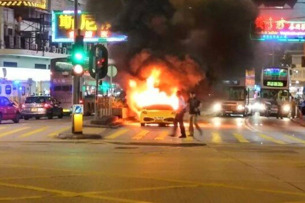 Chan's Ferrari on fire in TST on Wednesday evening. Photo: SCMP Pictures