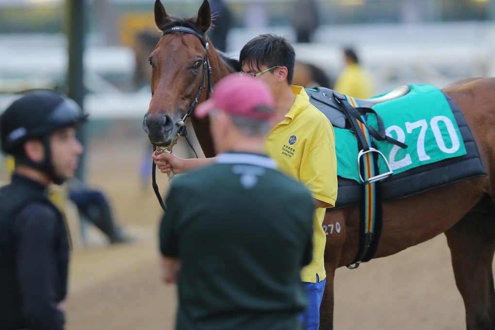 Jockey Joao Moreira and trainer John Moore discuss the gallop of Designs On Rome after trackwork at Sha Tin on Thursday. Photos: Kenneth Chan
