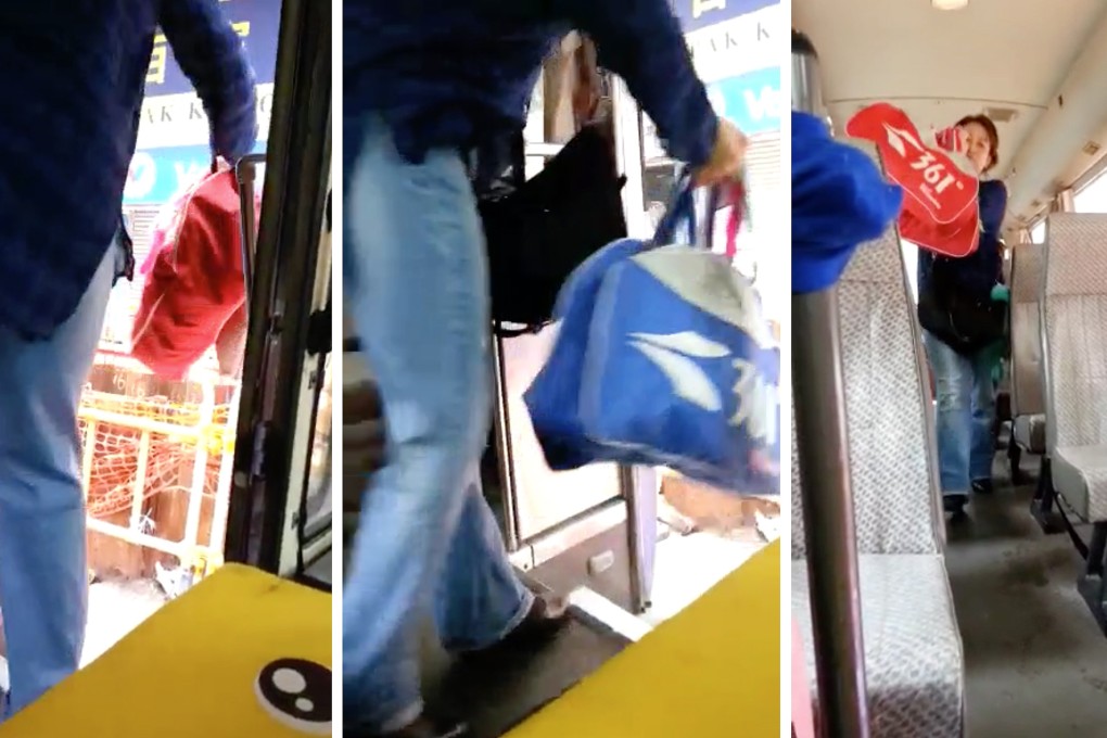 Combination images shows a tour guide for mainland tour throwing baggage out of the tour bus. Photo: SCMP Pictures