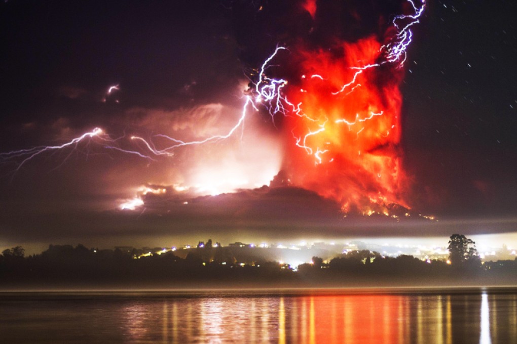 A high column of ash and lava spews from the Calbuco volcano in Chile on Wednesday. Photo: AFP
