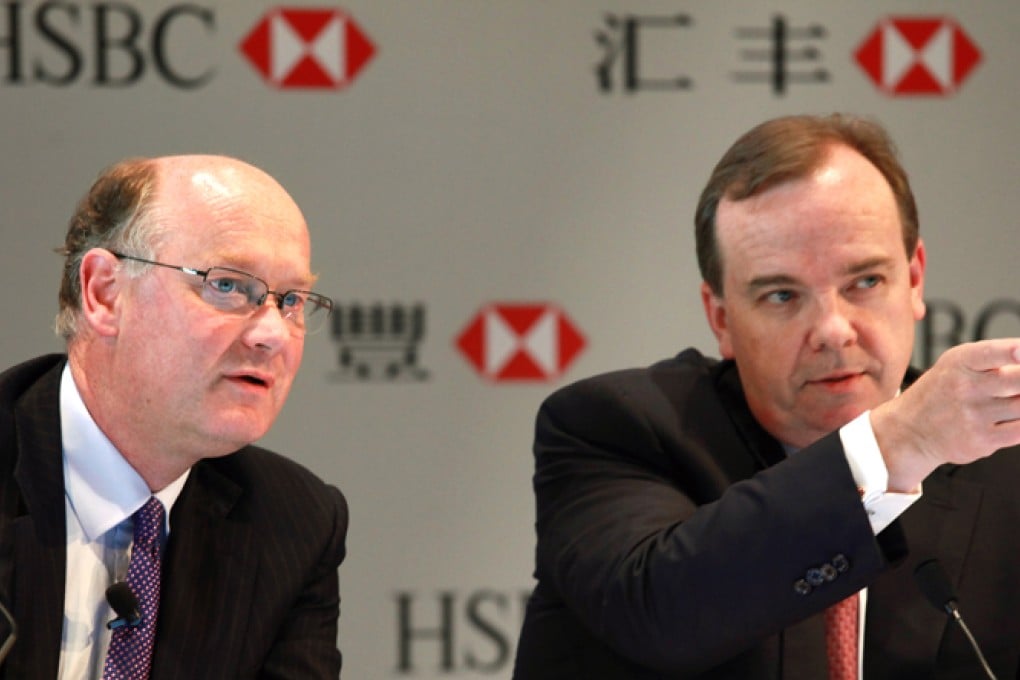 Chairman Douglas Flint (left) and chief executive Stuart Gulliver faced scathing criticism from several investors over  the underperformance of the bank's shares. Photo: Dickson Lee