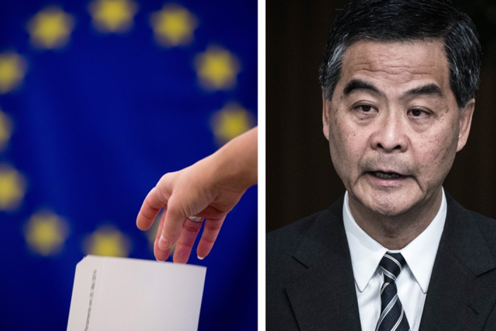 The EU said it supported the wish of the Hong Kong people to have a high degree of political participation and a genuine choice in the election of its next leader after current Chief Executive Leung Chun-ying (right). Photos: EPA, AFP