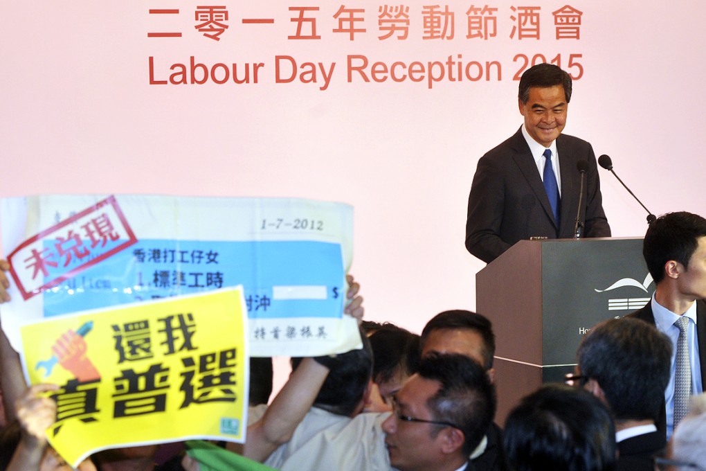 Chief Executive Leung Chun-ying addresses during a Labour Day reception. Photo: SCMP