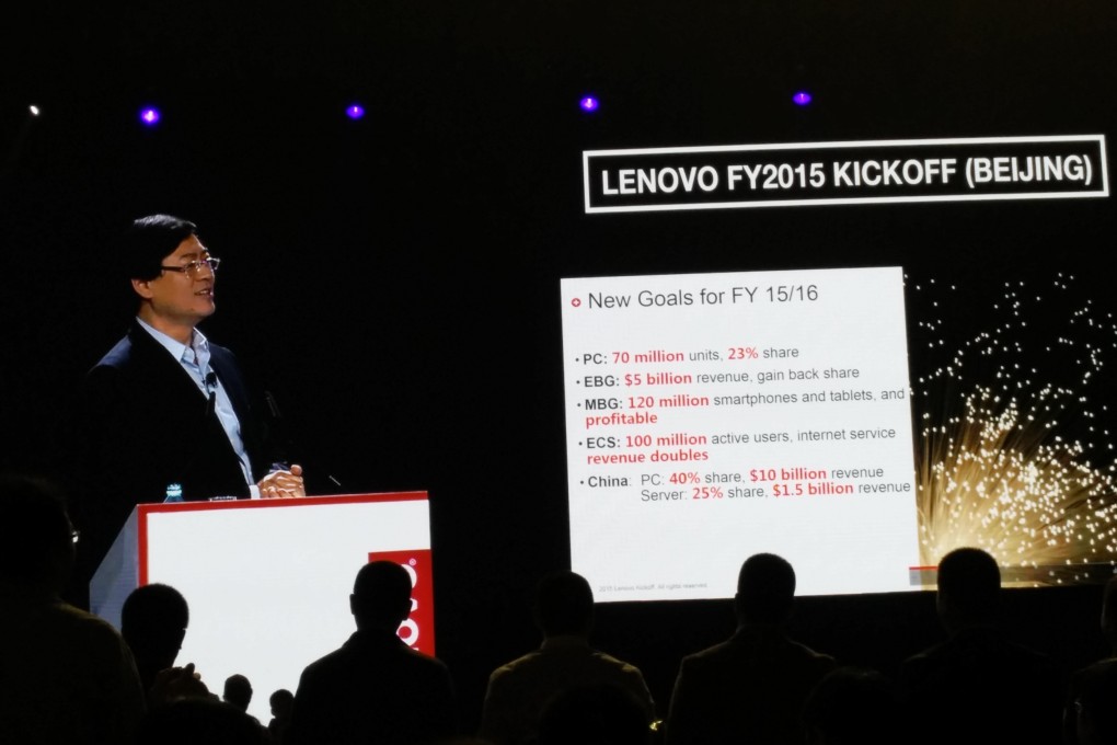 Lenovo CEO Yang Yuanqing outlines his goals for the year to staff. Photo: Adrian Wan