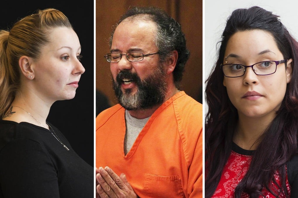 Ariel Castro (centre), 53, breaks down while talking about the child that he fathered with Amanda Berry (left) as he addresses the court in 2013. Gina DeJesus (right) also spent years with two other captives in a small Cleveland house. Photos: Washington Post , Reuters