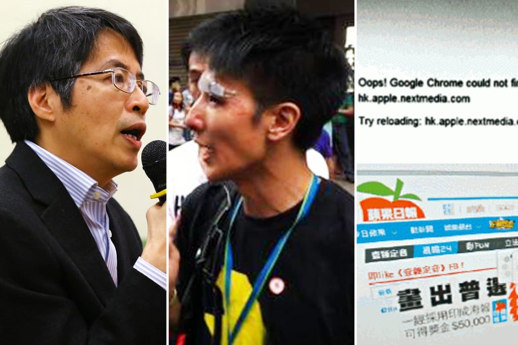 The attack on former Ming Pao chief editor Kevin Lau Chun-to (left) in February last year, the attacks on journalists like Mak Ka-wai (centre) during the 79-day Occupy protests, and the website of Apple Daily (right), which was hit by "major cyberattacks throughout 2014".