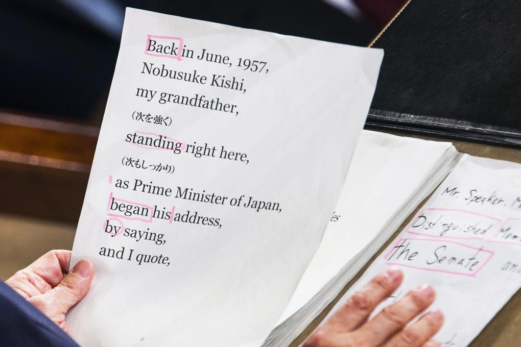 Japanese Prime Minister Shinzo Abe's notes for his speech to the US Congress in Washington. Photo: EPA