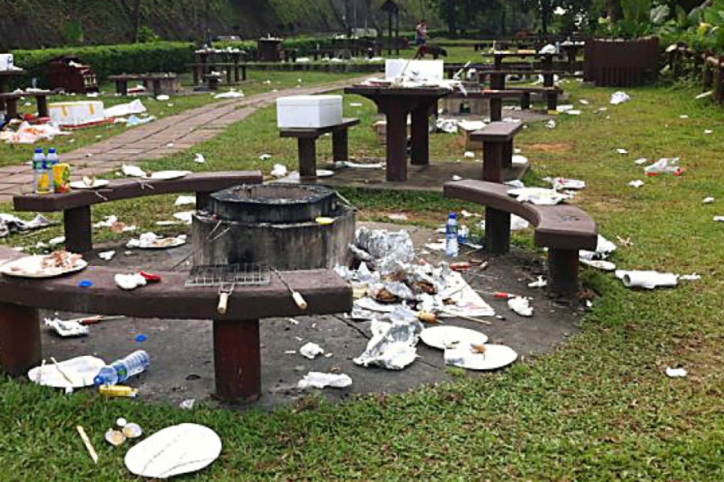 Litter is strewn across a picnic site while bins lie empty.