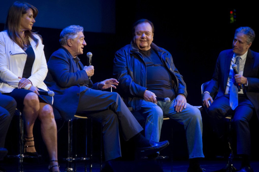 The cast of Goodfellas (from left) Lorraine Bracco, Robert De Niro and 
Paul Sorvino with moderator Jon Stewart at Tribeca last week. Photo: Reuters